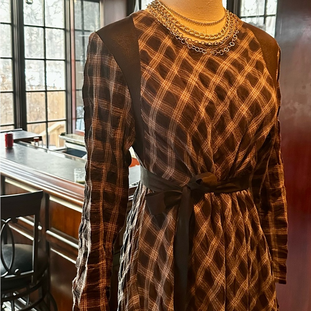 Y2K Asymmetrical Textured Weave Plaid Tunic-Dress With Faux Leather Accents